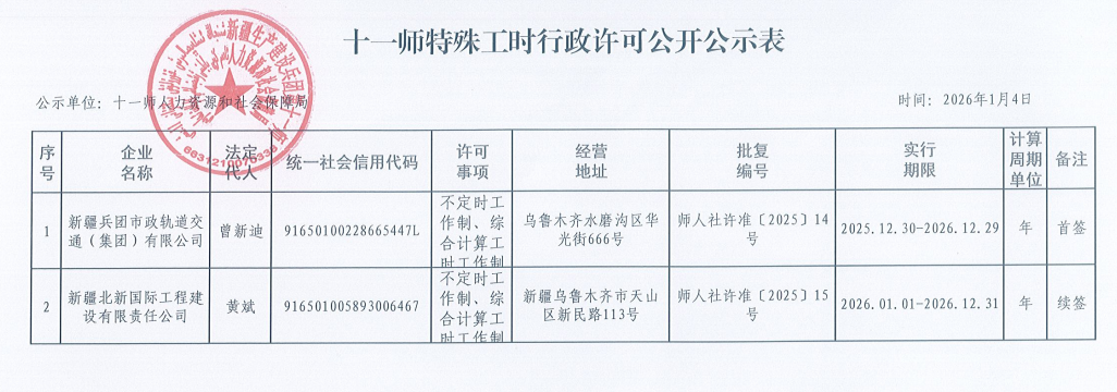 十一师关于特殊工时制审批的公示